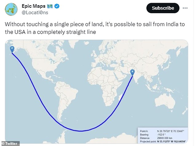 Social media users have been trying to wrap their heads around this map which shows it's possible to sail directly from India to the USA in a completely straight line